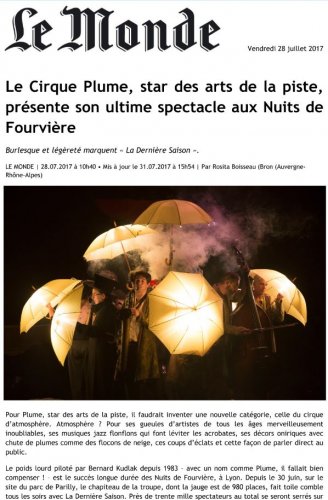 Le Cirque Plume, star des arts de la piste, présente son ultime spectacle aux Nuits de Fourvière | Le Monde (presse_lds) {PDF}