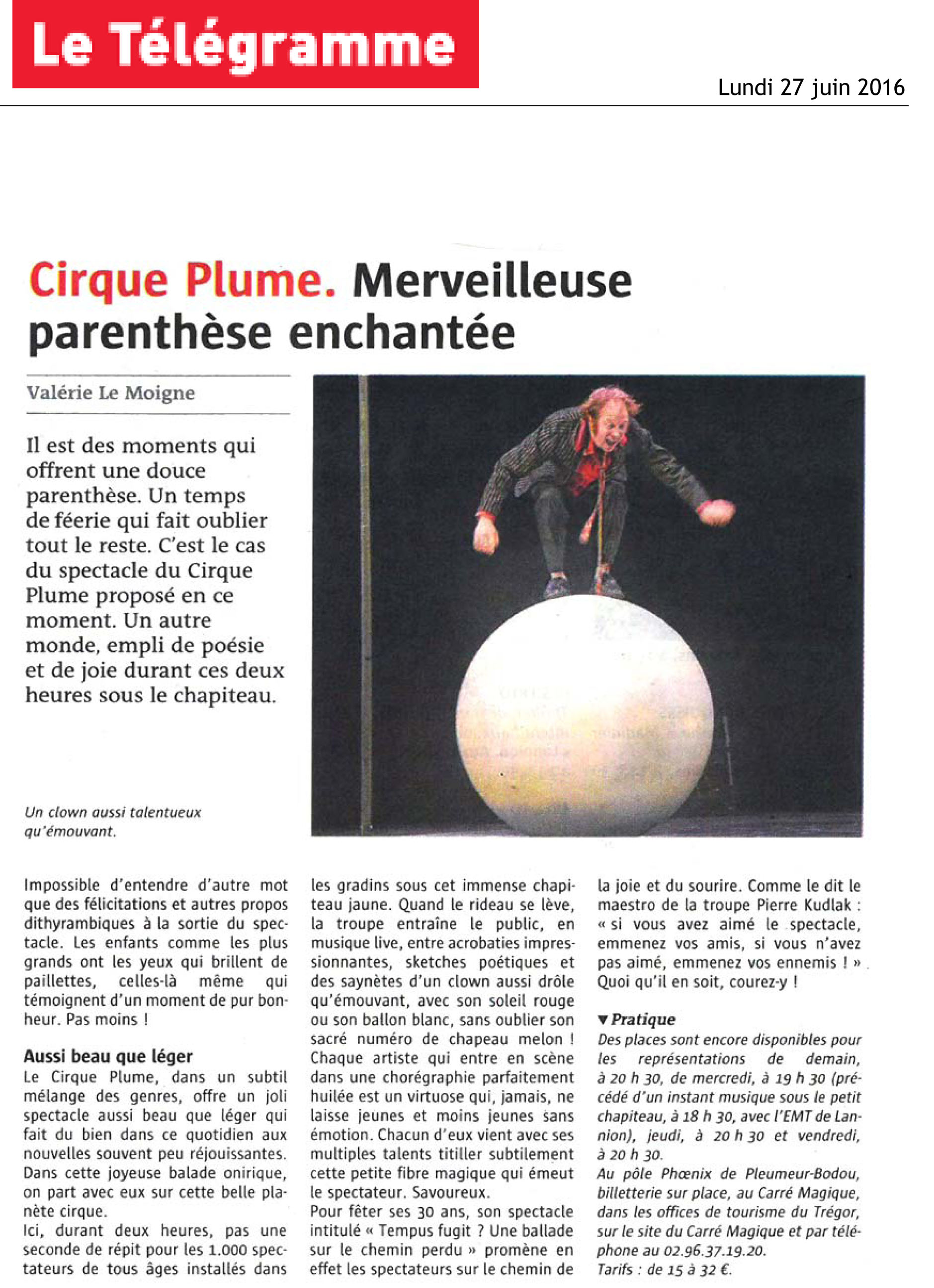Cirque Plume. Merveilleuse parenthèse enchantée | Le Télégramme (presse_tempus) {JPEG}