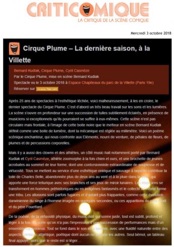 Cirque Plume – La dernière saison, à la Villette | Criticomique (presse_lds) {PDF}