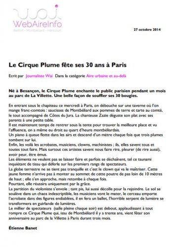 WebAireInfo | Le Cirque Plume fête ses 30 ans à Paris (presse_tempus) {PDF}
