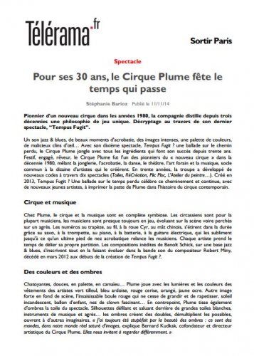 télérama.fr | Pour ses 30 ans, le Cirque Plume fête le temps qui passe (presse_tempus) {PDF}