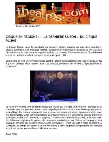 Cirque en régions : « La dernière saison » du Cirque Plume | Théâtre.com (presse_lds) {PDF}