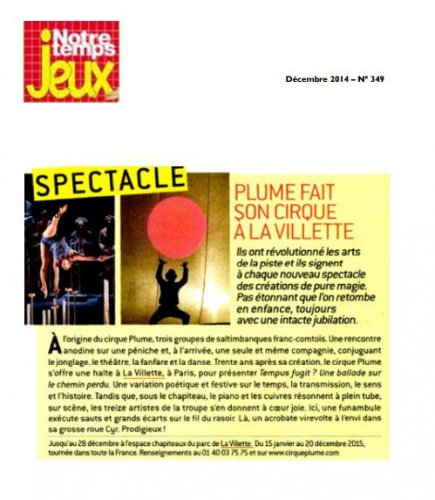 Notre temps Jeux | Plume fait son cirque à la Villette (presse_tempus) {PDF}
